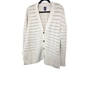 Gap Women's XL Beige Open Knit Button-Up Cardigan Minimalist‎ Crochet Sweater